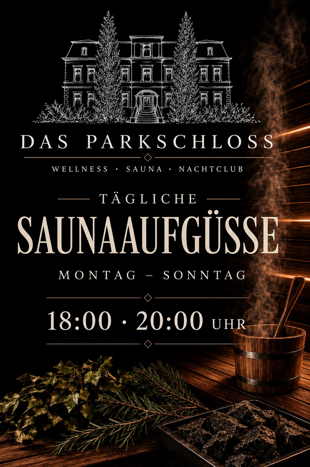 Tägliche Saunaaufgüsse im Parkschloss — Montag bis Sonntag 18:00 und 20:00 Uhr